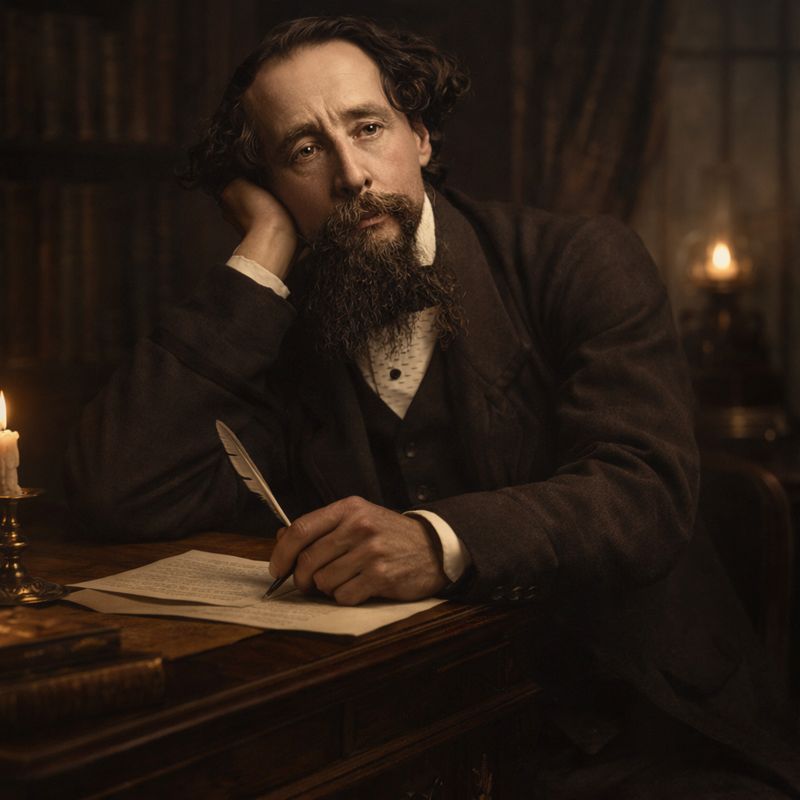 Charles Dickens ritratto nel suo studio: il volto del romanziere che trasformò miseria e memoria in arte, riflettendo sul potere etico della parola scritta.